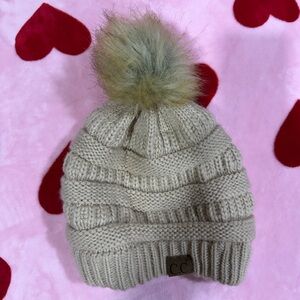 CC Beige Knit Pom-Pom Beanie